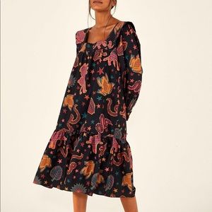 FARM RIO Black Animal Sky MIDI Dress